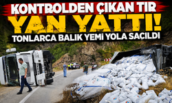Gümüşhane'de korkutan kaza! Balık yemi yüklü tır devrildi