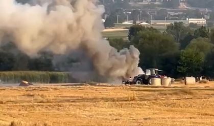 Bolu’da balya makinesi yandı, tarlada anız yangını çıktı