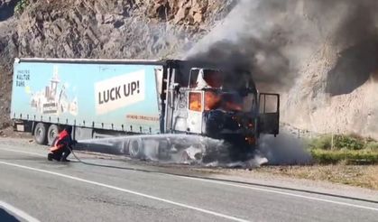 Seyir halindeki tır alev alev yandı