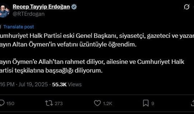 Cumhurbaşkanı Erdoğan’dan Altan Öymen için taziye mesajı