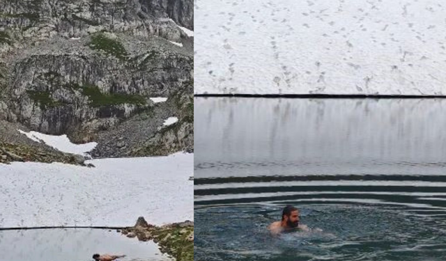 Artvin’de yaz ortasında karla kaplı göle girdiler