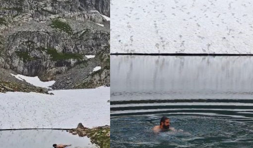 Artvin’de yaz ortasında karla kaplı göle girdiler