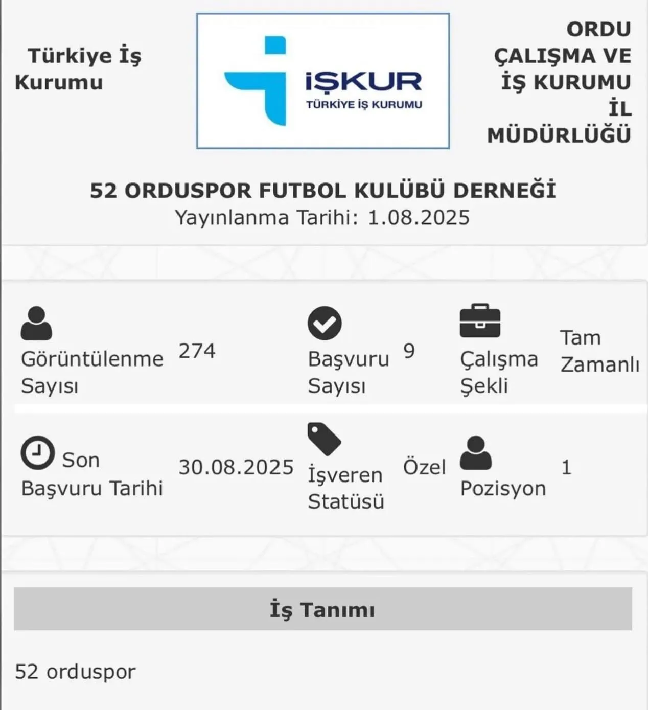 52 Orduspor Iskur Uzerinden Futbolcu Ilani Verdi 20250806 A W512079