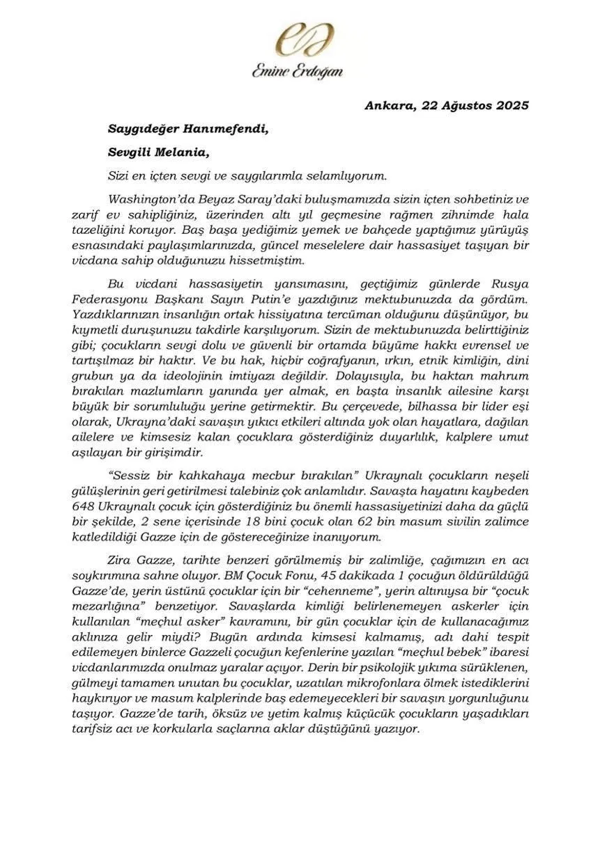 Emine Erdogandan Melania Trumpa Gazzedeki Insani Krize Iliskin Mektup 20250823 A W523239