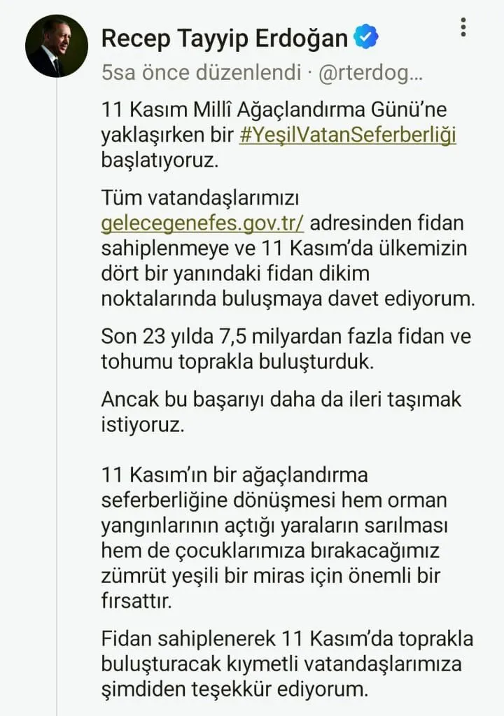 Cumhurbaskani Erdogandan 11 Kasim Milli Agaclandirma Gunu Mesaji 20251021 A W563431